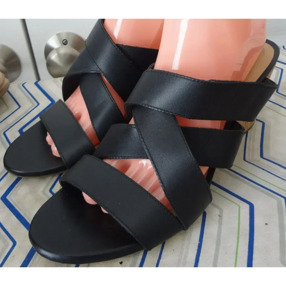 Clarks Margee Kate Black Leather Cork Wedge Sandal Hook Loop Womens 12 Strappy
